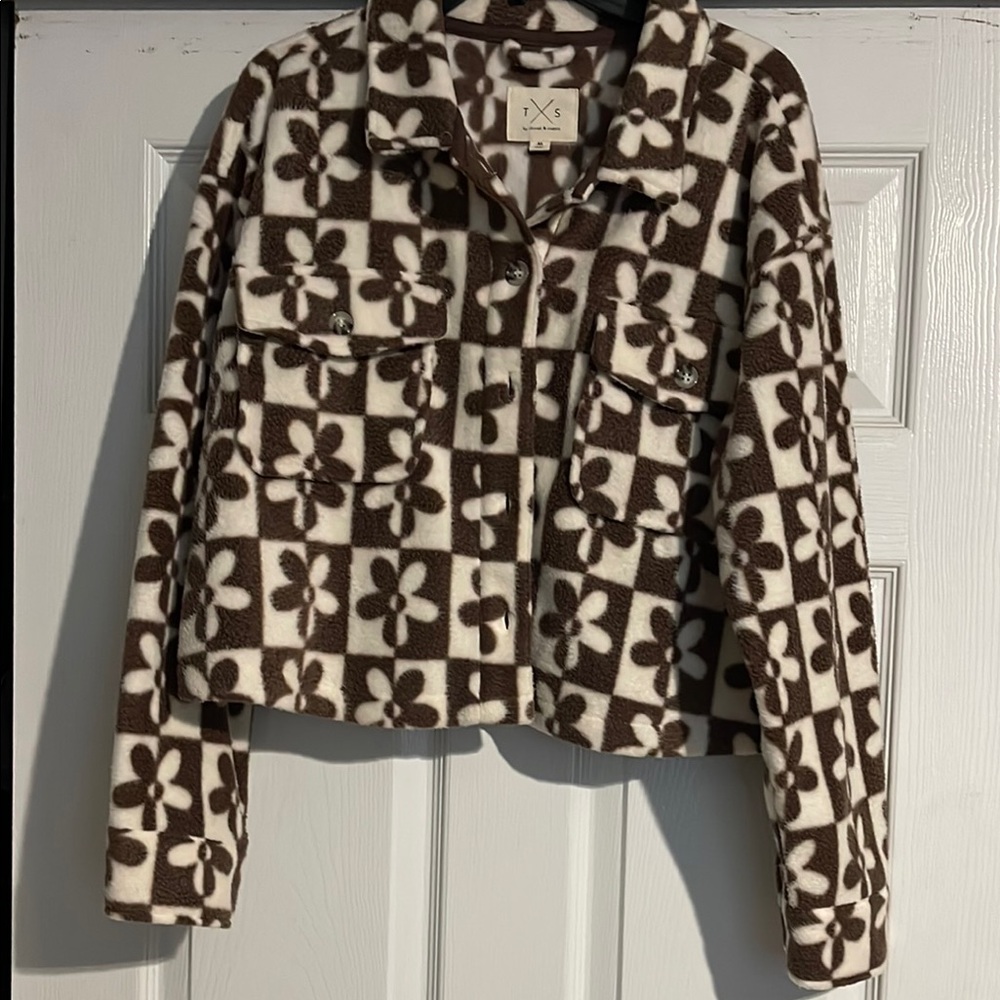 Thread & Supply Brown and Cream Floral Checkered fleece Jacket